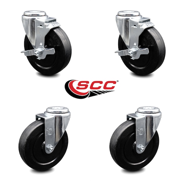 5 Inch Soft Rubber Wheel Swivel Bolt Hole Caster Set with 2 Brake